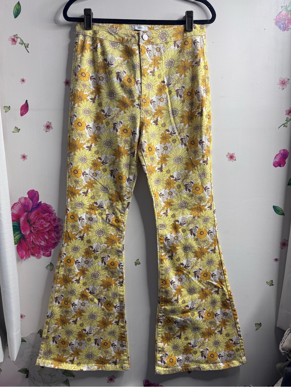 Forever 21 Yellow Floral Wide-Leg Flare Jeans